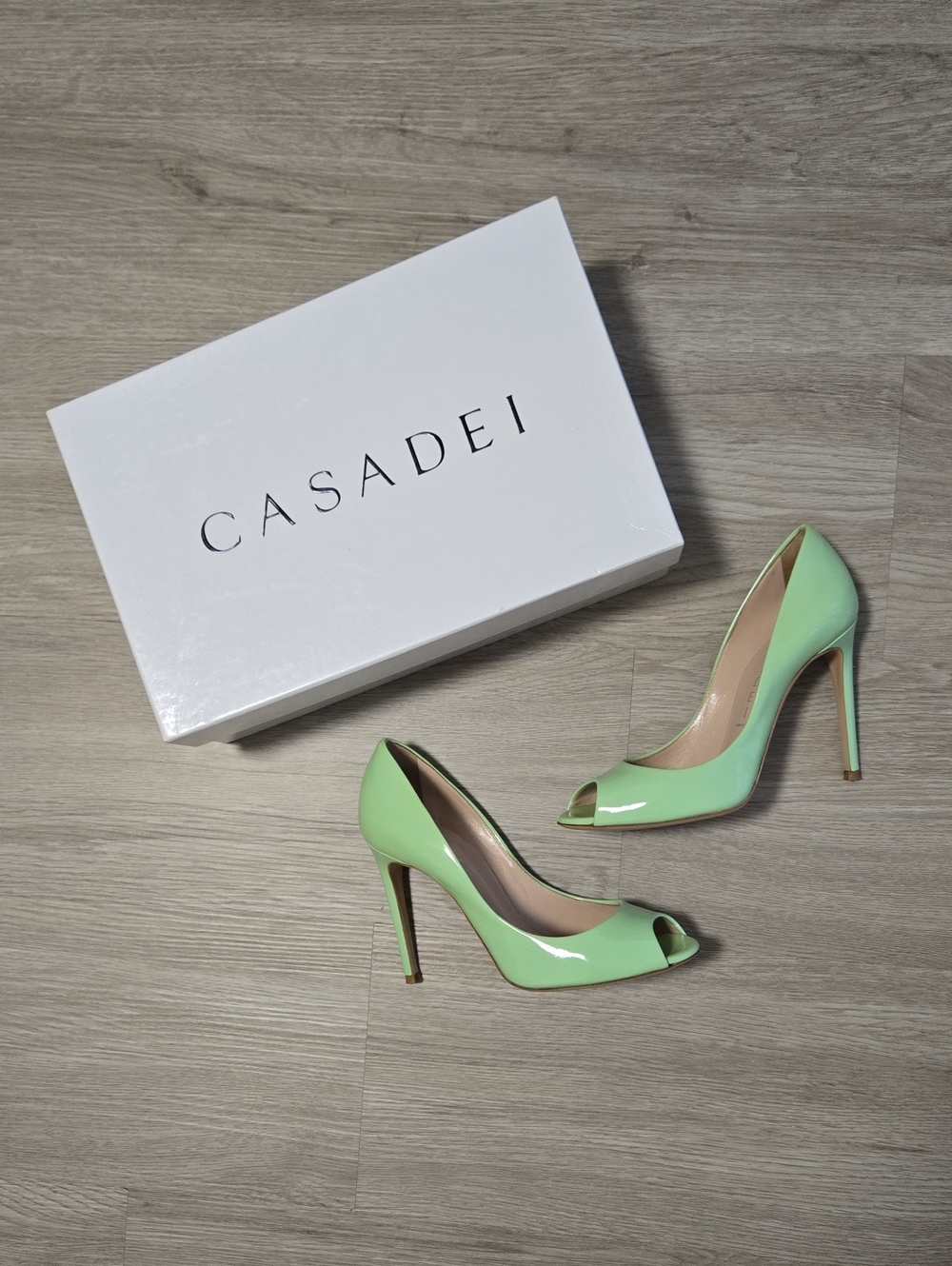 Casadei Patent Leather open toe heels/pumps, Size 5, Made In Italy